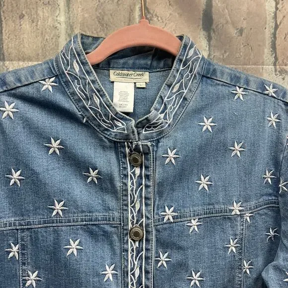 Coldwater Creek Stars Women Washed Blue Jean Jacket Button-Down Size Large - Picture 5 of 10